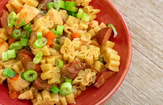 Cooked Pastalaya in a bowl with Fleur de Lis shaped Dagostino pasta