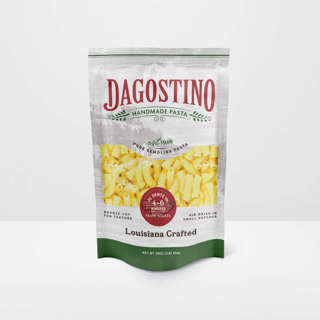 16 oz bag of penne rigate pasta against a white background