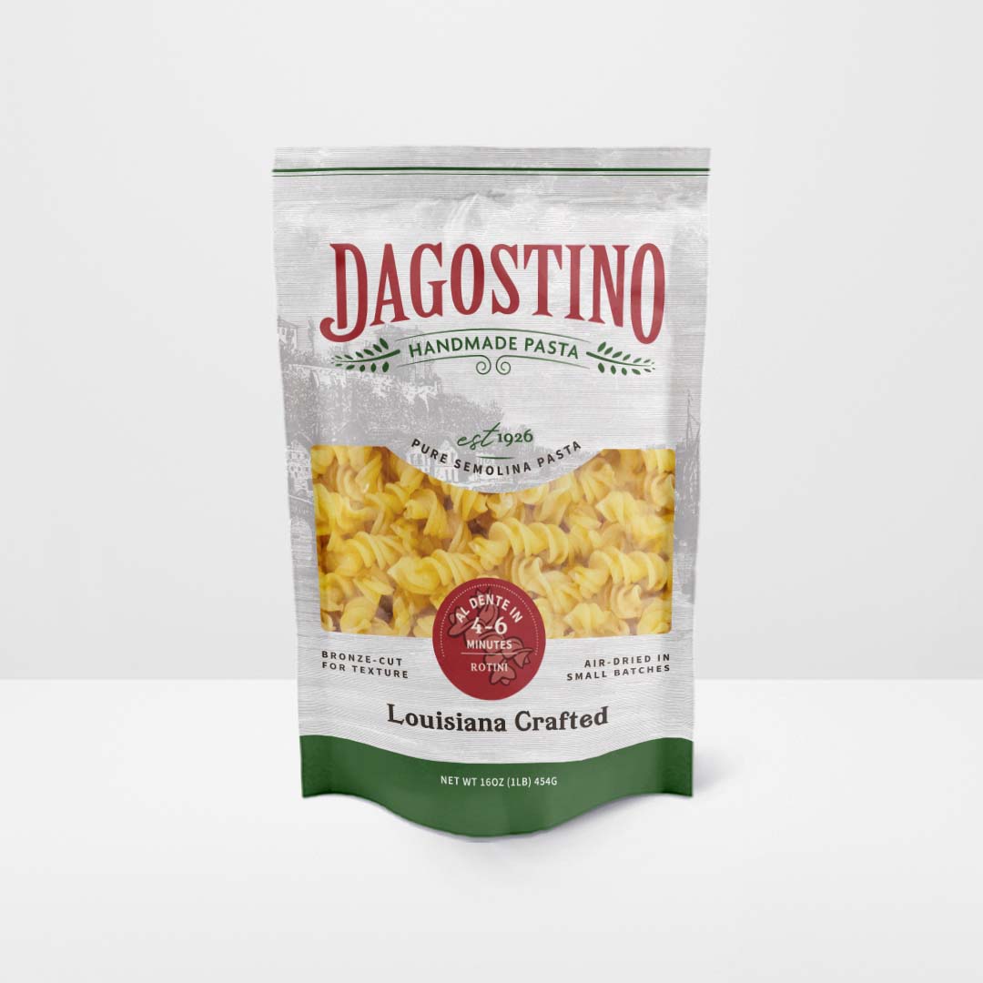 16 ounce bag of rotini pasta against a white background